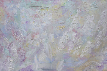 White gentle flowers background. Oil paint brush strokes structure. Pastel color painting spring.