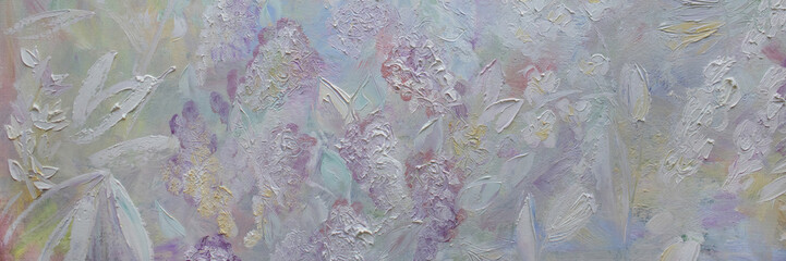 White gentle flowers background. Pastel color panorama, wallpaper. painting Spring texture for banner.