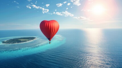Fototapeta premium A hot air balloon is seen flying high above a small island surrounded by water. The colorful balloon stands out against the clear sky as it casts a shadow on the island below.