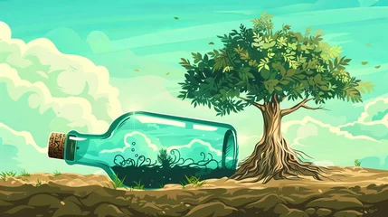 Tuinposter cartoon background. vector illustration. big tree with only its roots trapped inside the bottle © xelilinatiq