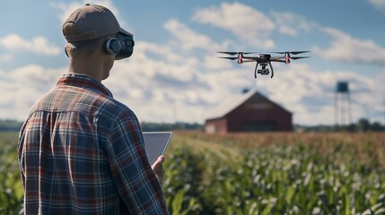 A man wearing a plaid shirt is looking at a drone flying over a field. The drone is equipped with a camera and is flying low to the ground. The man is holding a tablet in his hand, AI generative