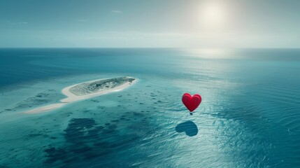 A heart shaped balloon is seen floating alone amidst the vast expanse of the ocean, symbolizing love and hope in an unexpected setting. - obrazy, fototapety, plakaty