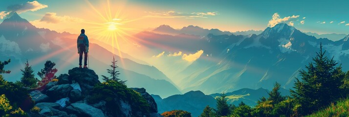 A man is standing on a mountain top with a beautiful sunset in the background. The scene is peaceful and serene, with the man looking out over the vast expanse of mountains, AI generative