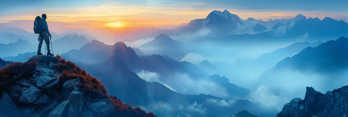 Tuinposter A man is standing on a mountain top with a beautiful sunset in the background. The scene is peaceful and serene, with the man looking out over the vast expanse of mountains, AI generative © SKW