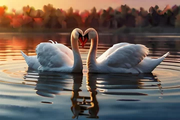 Poster two beautiful swans on a lake shape heart with their long necks and kiss each other. romantic postal card. pc desktop wallpaper background. 16:9, 4k. Generative © Burhan