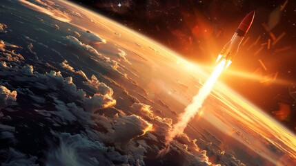 A detailed artists depiction of a rocket blasting off into space, leaving the Earths atmosphere behind. Flames engulf the rocket as it propels upwards, with the curvature of the Earth visible below.