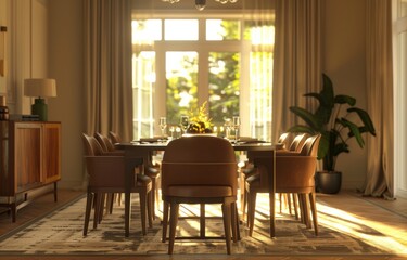 Fototapeta premium Sophisticated Dining Room Interior at Sunset - Modern Decor with Wooden Accents and Greenery