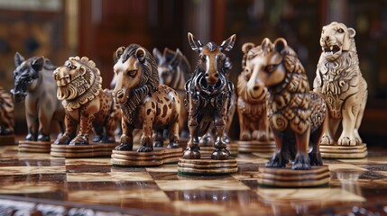 Correct arrangement of chess pieces with handcrafted animal figures made of wood - obrazy, fototapety, plakaty
