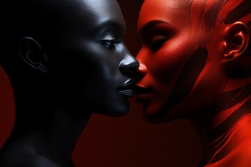 a woman with black face paint kissing another woman