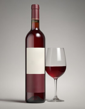 Elegant Indulgence: Wine Bottle with Glass on Solid Color Background