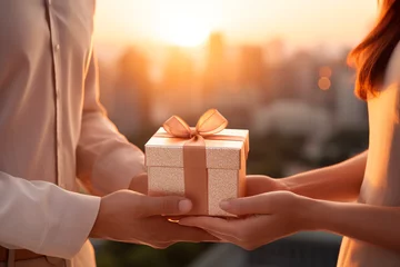Foto op Plexiglas A partner surprising their significant other with a small gift box that hints at an engagement ring inside сreated with Generative Ai © Andrii Yablonskyi