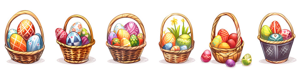 Easter basket clipart collection featuring colorful eggs and festive icons, perfect for holiday design and decoration.