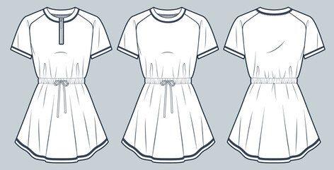  Dress technical fashion illustration. Jersey Mini Dress fashion flat technical drawing template, raglan short sleeve, zipper, drawstring waist, front and back view, white, women CAD mockup set.