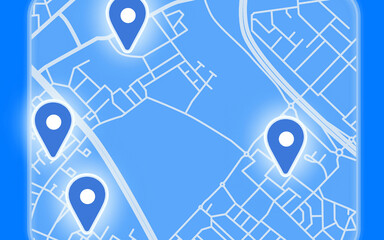 map and highlighted locations and places hovering as a hologram in front of ablue background, tool,...