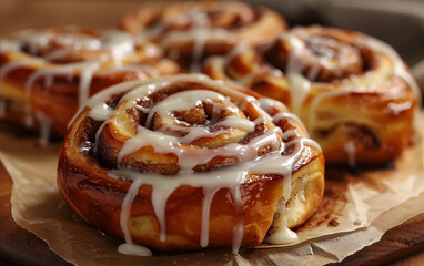 Tempting cinnamon rolls: a delicious breakfast scene on wooden table