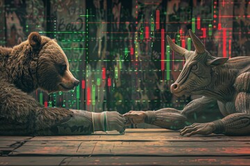 Bear and Bull in a Tug of War, Stock Market Competition Visualized, Concept of Financial Strength and Strategy - obrazy, fototapety, plakaty
