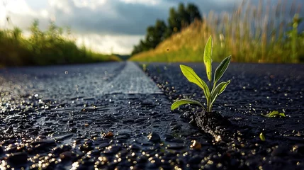 Fotobehang plant seed that grows through asphalt © xelilinatiq