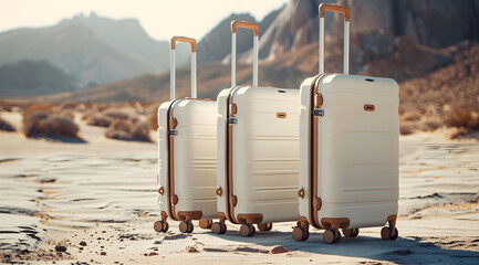Three Suitcases Standing on Desert Overlook at Golden Hour