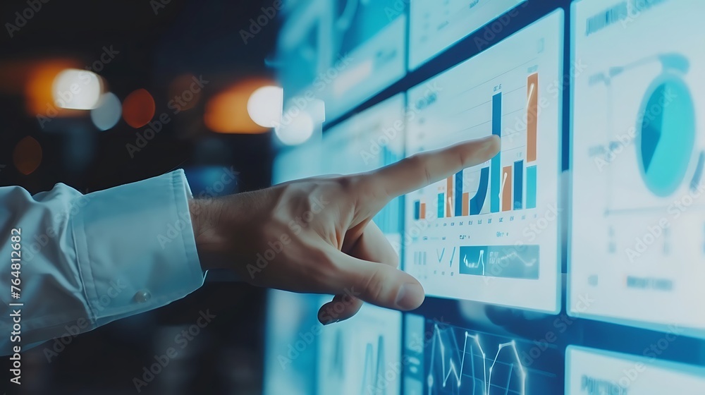 Poster strategic decision-making unveiled: business leader guides team through data insights for optimal pe