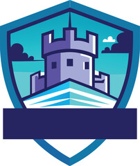 the fort with the shield logo., Castle tower and shield logo design,  Castle shield logo.