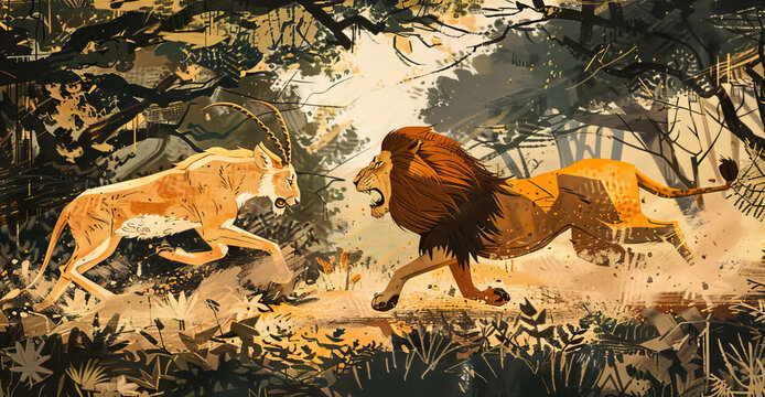 The running moment of the gazelle chasing the lion through the forest