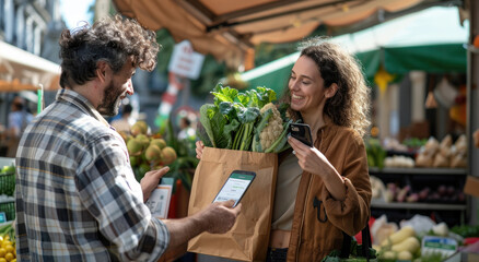 A happy customer with a paper bag full of vegetables is paying at the market counter using their credit card to make an online cashless payment