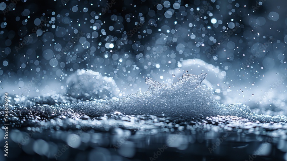 Poster Overlay Freeze motion of white particles on black background with abstract splashes of rain and snow