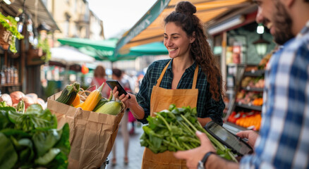 A happy customer with a paper bag full of vegetables is paying at the market counter using their credit card to make an online cashless payment - obrazy, fototapety, plakaty