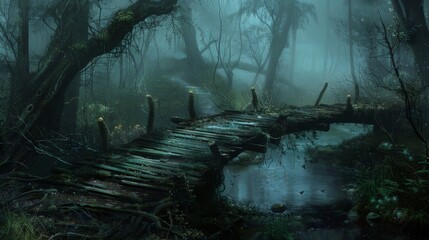 An old, abandoned wooden bridge over a serene stream in a misty, mysterious forest with ethereal light filtering through.
