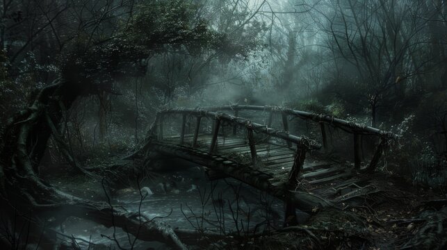 A haunting image of a derelict wooden bridge stretching across a stream in a fog-shrouded, overgrown forest setting.
