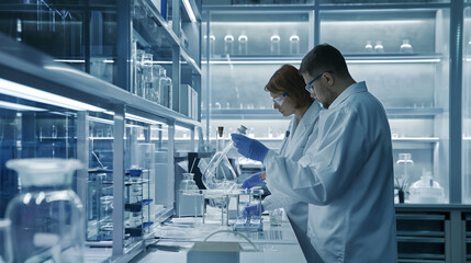 Researchers Analyzing Samples in Laboratory, two scientists in lab coats conducting research in a modern lab.