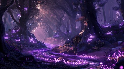 A mesmerizing view of an enchanted forest, where the ground and trees are aglow with the soft, purple light of bioluminescent flora.