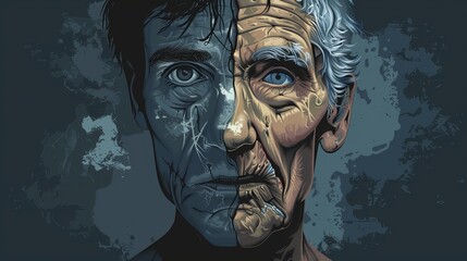 vector illustration. Background image of a man with one half of his face showing his youth and the other half showing his old age - obrazy, fototapety, plakaty