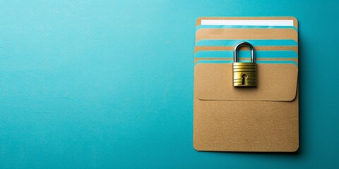 Document folder with padlock on blue background, File security concept