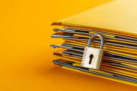 Document folder with padlock on yellow background, File security concept