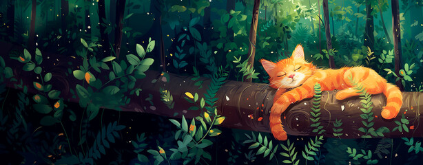 Banner de Dibujo de gato durmiendo plácidamente sobre un tronco en plena naturaleza