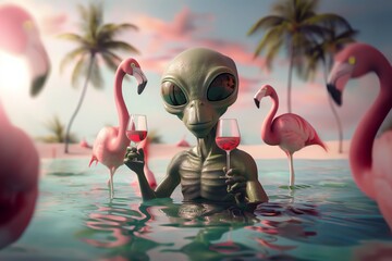 An otherworldly creature relaxing in a tropical setting, raising a toast with whimsical pink flamingos by the water