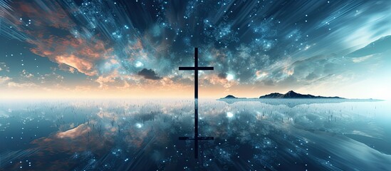 A serene scene of a cross standing on a calm lake with a beautiful sky background - obrazy, fototapety, plakaty