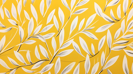 Fond jaune avec des branches et feuilles blanches minimalistes. Arrière-plan pour conception et création graphique.  - obrazy, fototapety, plakaty