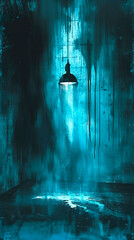 Ilustración de sala de interrogatorios sucia y bacía con lampara colgada del techo - obrazy, fototapety, plakaty