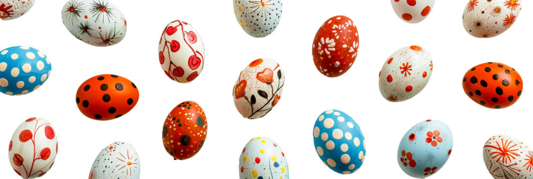 Top view of the red, blue and yellow Easter eggs with polka dots and flowers, a symbol of Easter and the Day of the Resurrection of the Lord. Transparent isolated background.