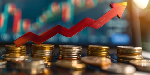 Stack of coins with red arrow graphic on top on blurred background