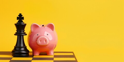Piggy and king chess piece on yellow background with copy space