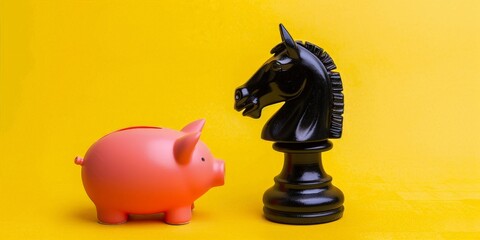 Obraz premium Black chess knight and piggy bank on yellow background, investment strategy concept