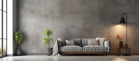 A comfortable sofa placed in a modern living room with industrial-style concrete walls creating a stylish and minimalist interior design - obrazy, fototapety, plakaty