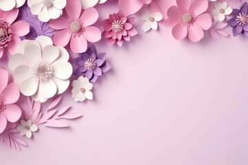 Flowers and leaves cut out of paper in pink and lilac tones. Flower banner, poster, template with copy space. 