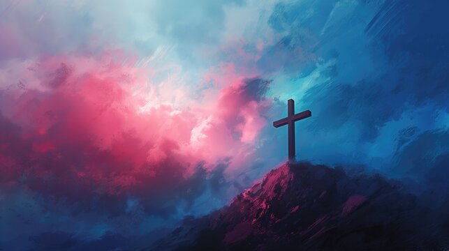 Cross standing on mountain peak with tranquil blue and pink hues at dawn.