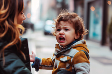 Toddler boy crying outdoors with mother. Concept of three year old crisis, childhood introspection, emotional growth, understanding children's emotions in family and educational settings