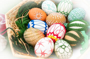 Close-up of colorful easter eggs in container