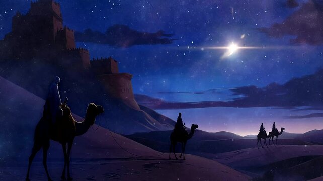 desert view at night, camel caravan walking in the desert and accompanied by the light of the starry sky